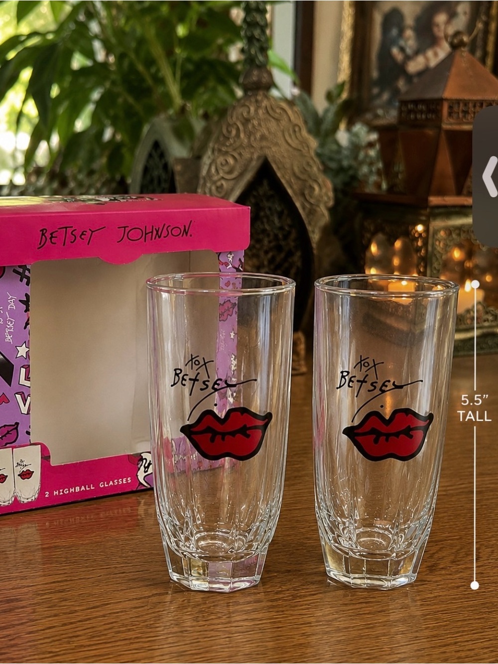 Betsey Johnson Glasses w/ Red Lip Motif - Set of 2 NIB